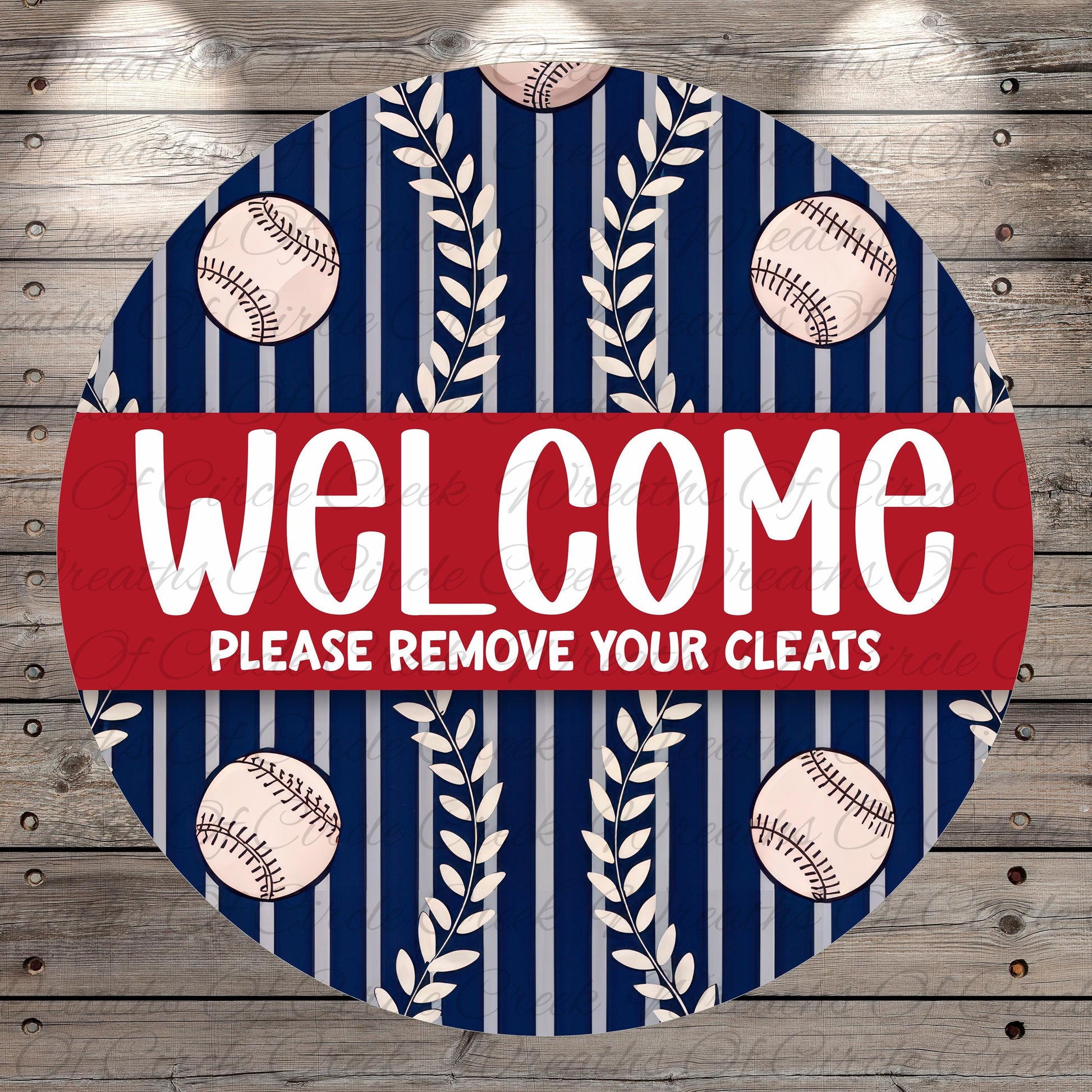 a circular sign with a baseball theme, displaying the text "WELCOME Please remove your cleats" in a bold, red font.