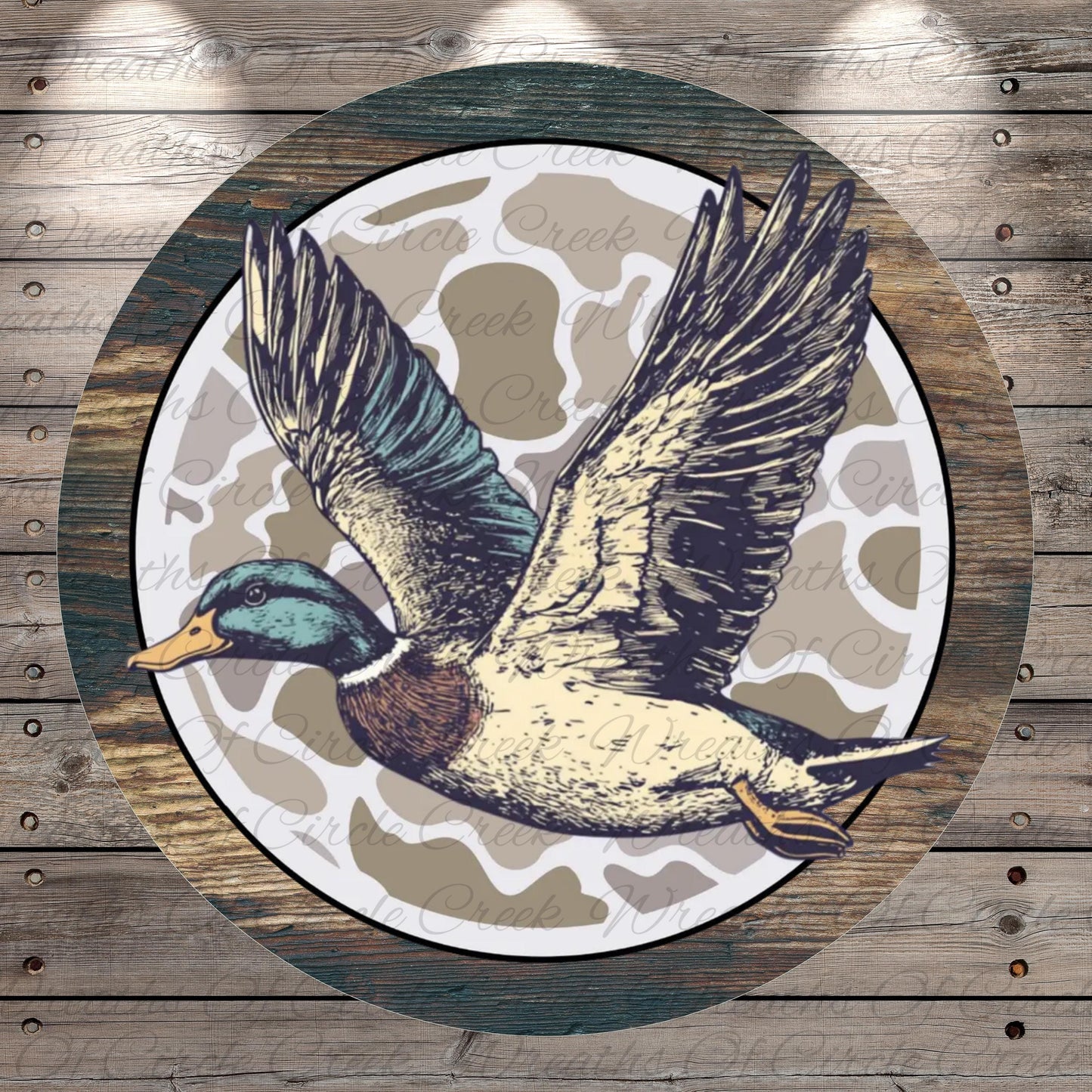 A detailed illustration of a duck in flight, with its wings spread wide, against a camouflage pattern background.