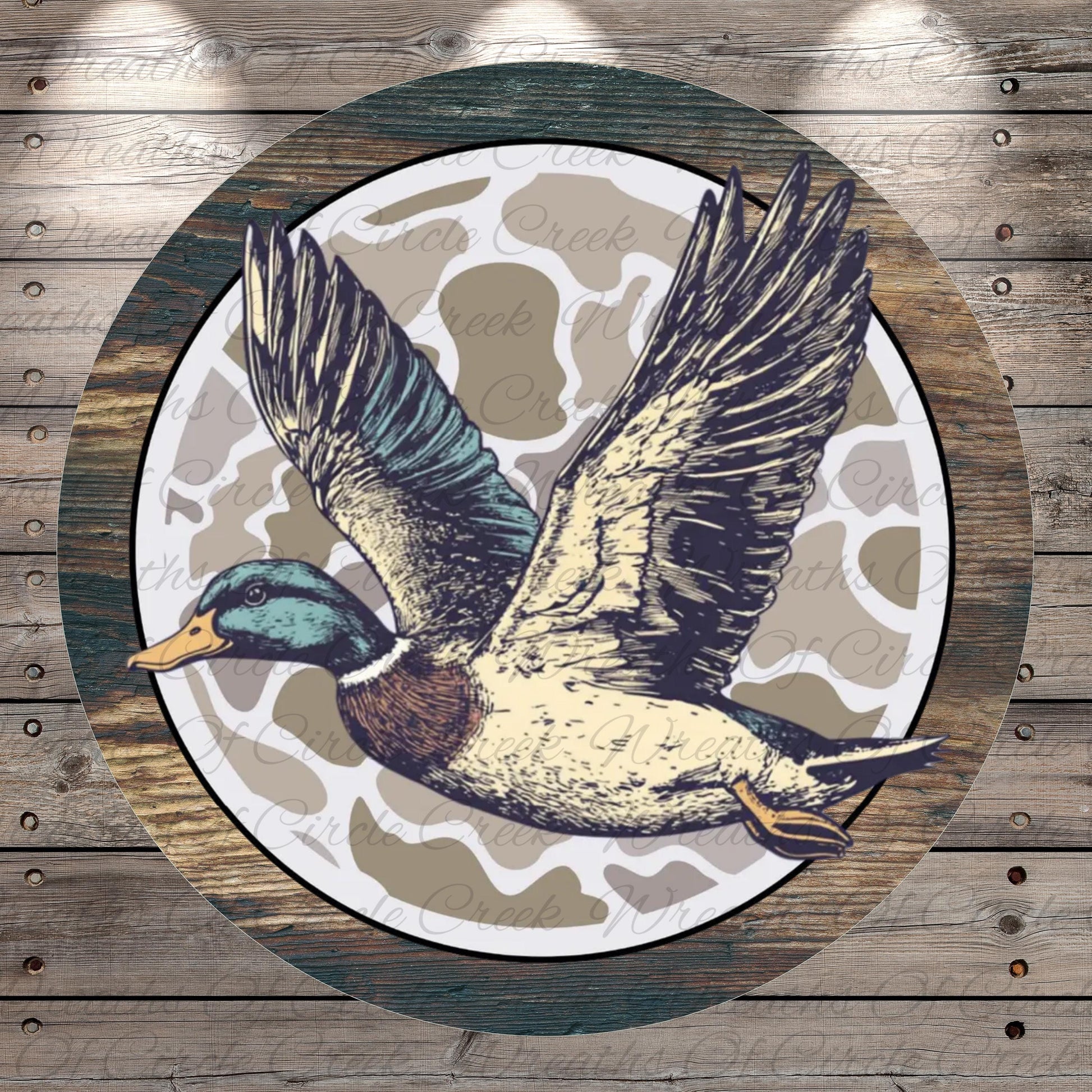 A detailed illustration of a duck in flight, with its wings spread wide, against a camouflage pattern background.