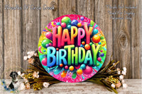a colorful birthday sign with the text "Happy Birthday" surrounded by a variety of colorful balloons and flowers.