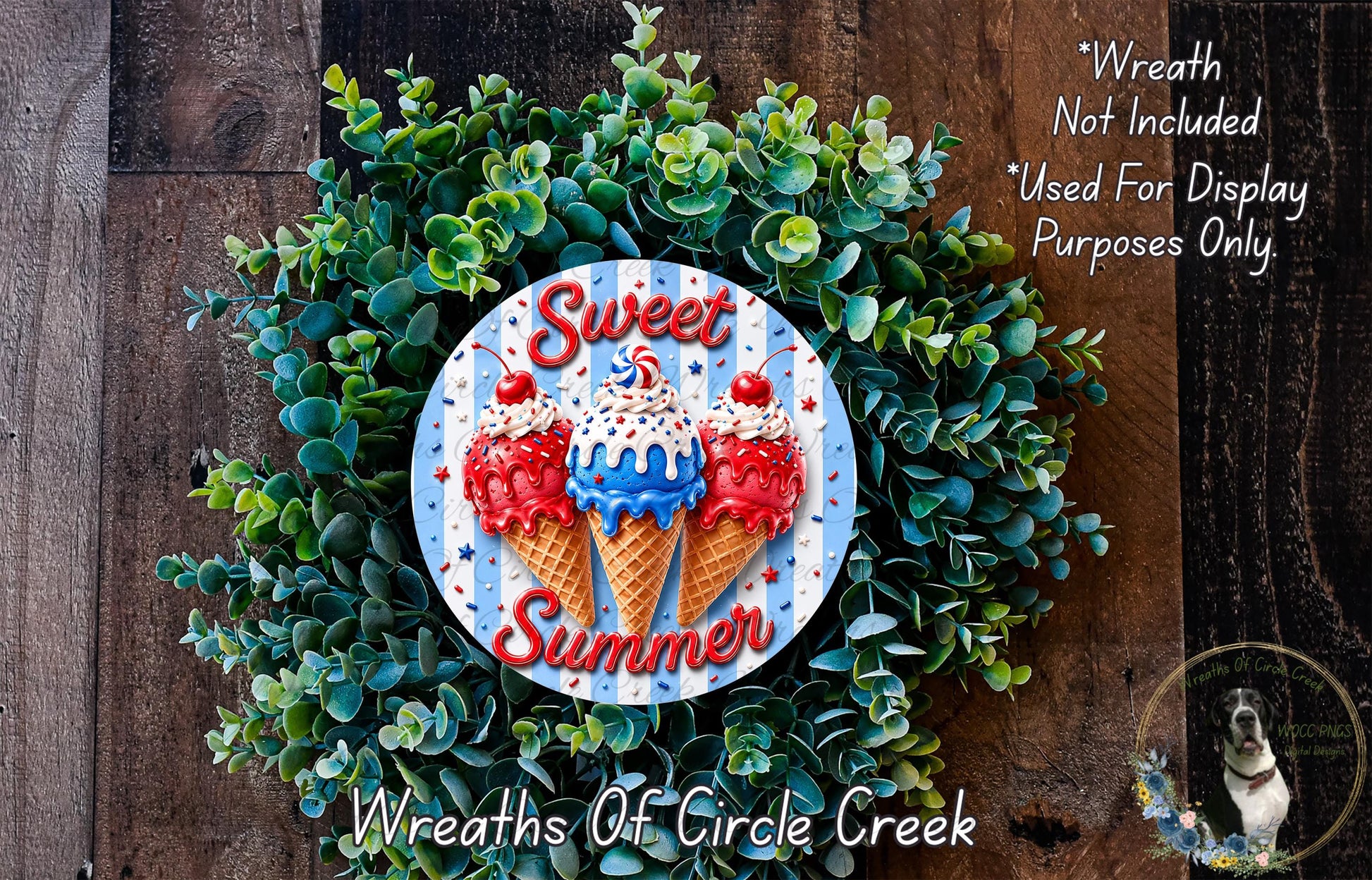 a wreath made of green leaves and topped with three colorful ice cream cones, each with a different flavor. The wreath is displayed on a wooden surface, and there is a small dog in the bottom right corner of the image.