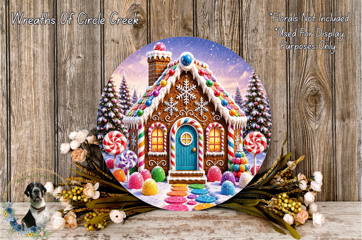 A large, colorful, and whimsical gingerbread house with a blue door, surrounded by a variety of candy and sweets, including lollipops, snowflakes, and flowers, all set against a snowy winter landscape.