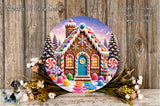 A large, colorful, and whimsical gingerbread house with a blue door, surrounded by a variety of candy and sweets, including lollipops, snowflakes, and flowers, all set against a snowy winter landscape.