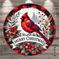 A red cardinal bird is perched on a snowy branch, surrounded by red berries, red poinsettias, and red flowers, with the text "Merry Christmas" displayed below.