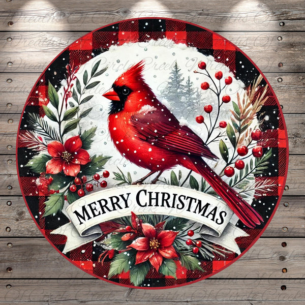 A red cardinal bird is perched on a snowy branch, surrounded by red berries, red poinsettias, and red flowers, with the text "Merry Christmas" displayed below.
