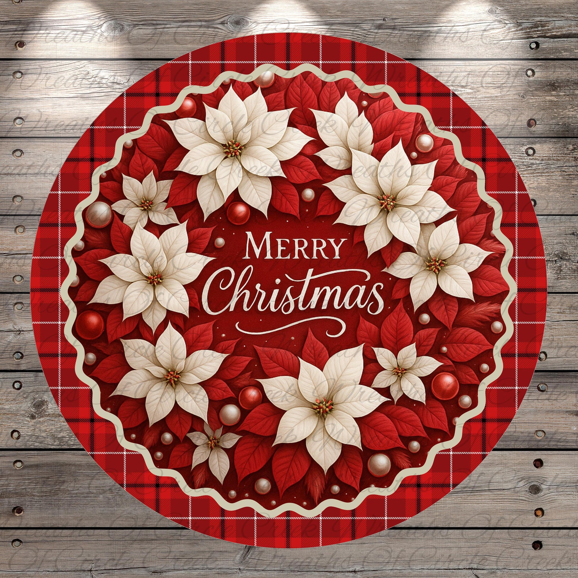 A festive Christmas wreath with white poinsettia flowers and red berries, surrounded by a red and white checkered border. The wreath is set against a wooden background with a red and white checkered pattern.