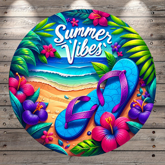 A vibrant and colorful illustration of a beach scene, featuring a pair of flip-flops, flowers, and tropical foliage surrounding a tropical beach landscape.