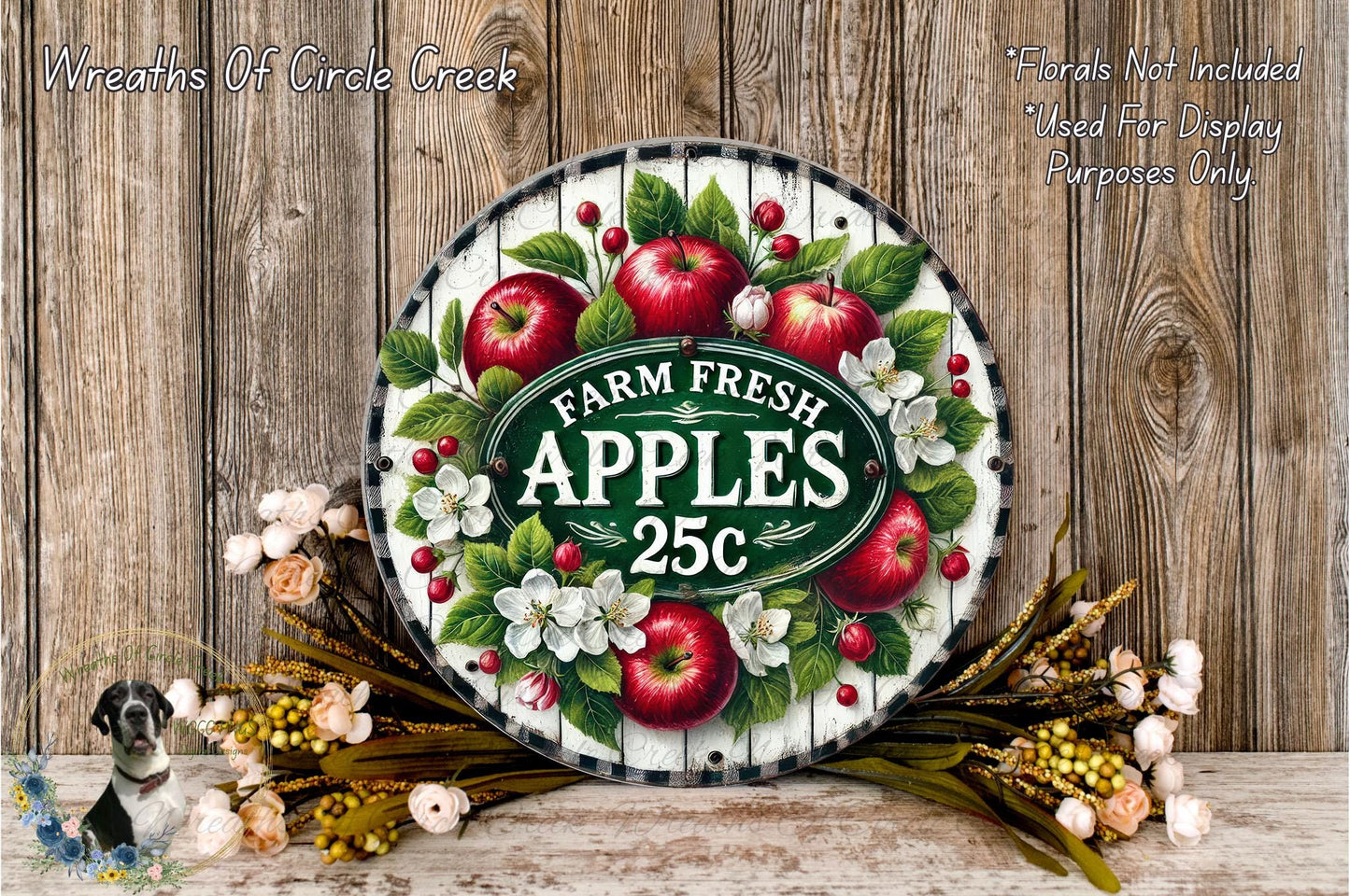 a decorative sign with a farm fresh apples theme, surrounded by flowers and a rustic wooden background.