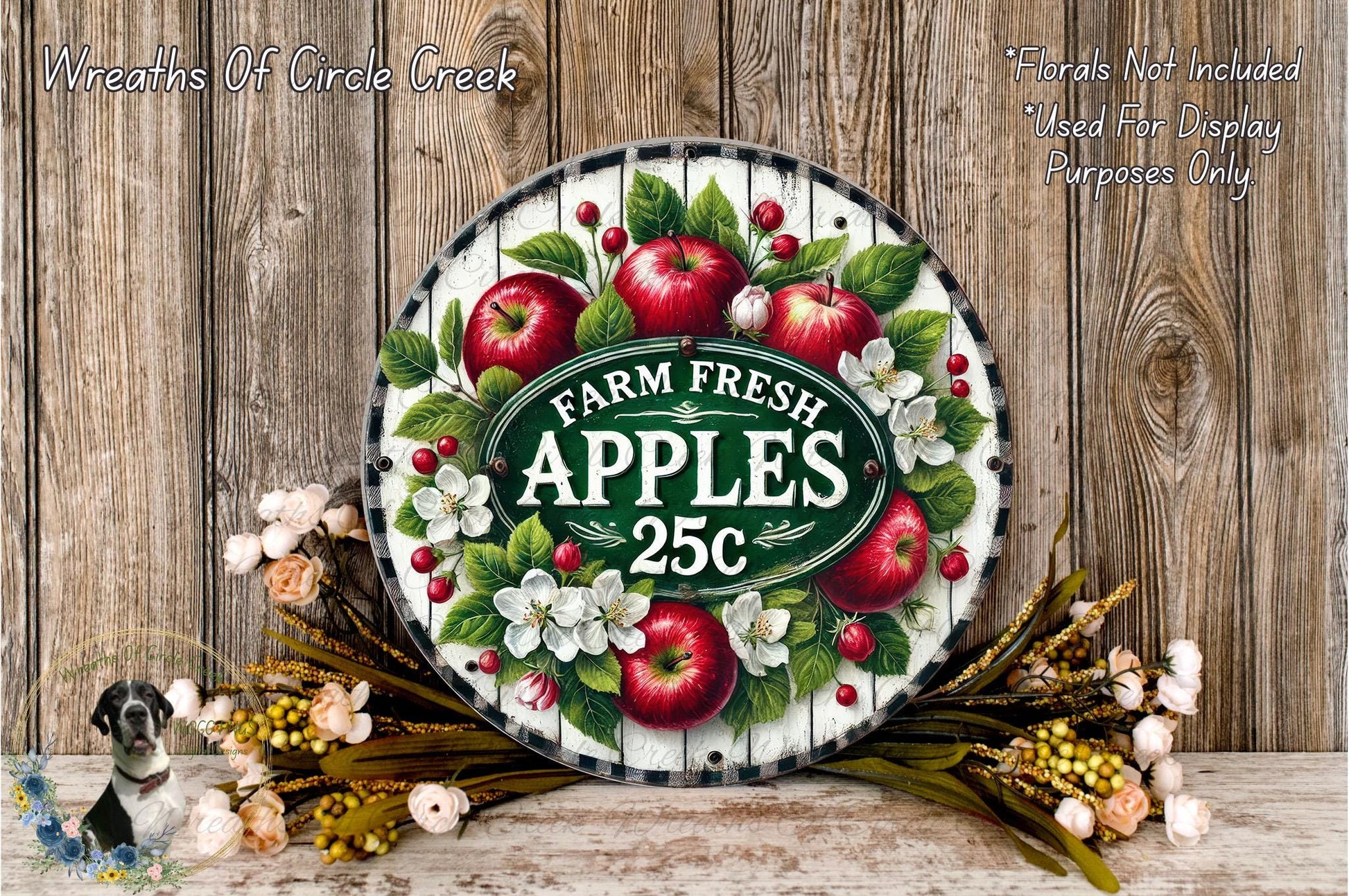 a decorative sign with a farm fresh apples theme, surrounded by flowers and a rustic wooden background.