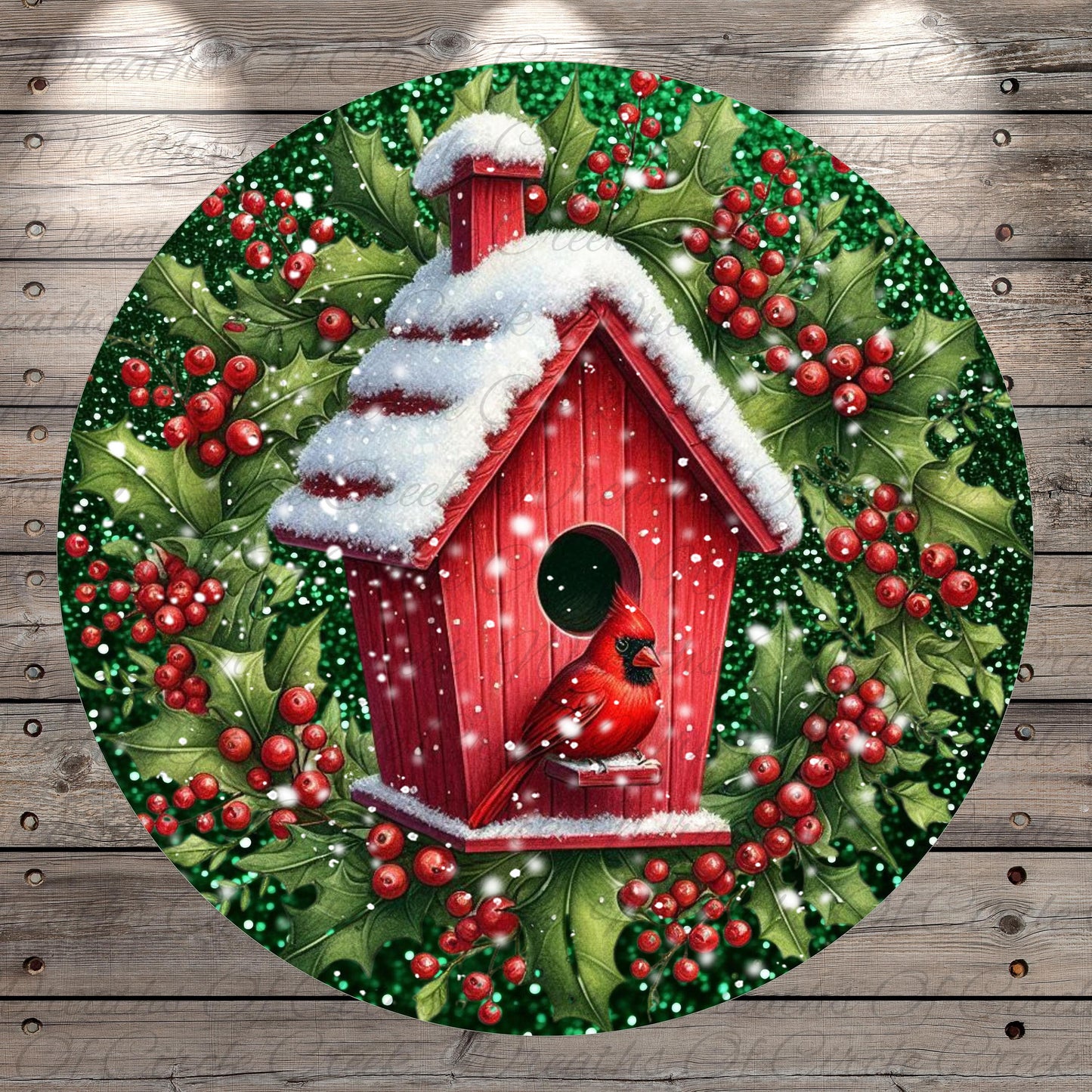 A red birdhouse with a snowy roof sits on a wreath of holly leaves and berries, with a red cardinal perched on the roof.