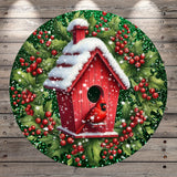 A red birdhouse with a snowy roof sits on a wreath of holly leaves and berries, with a red cardinal perched on the roof.