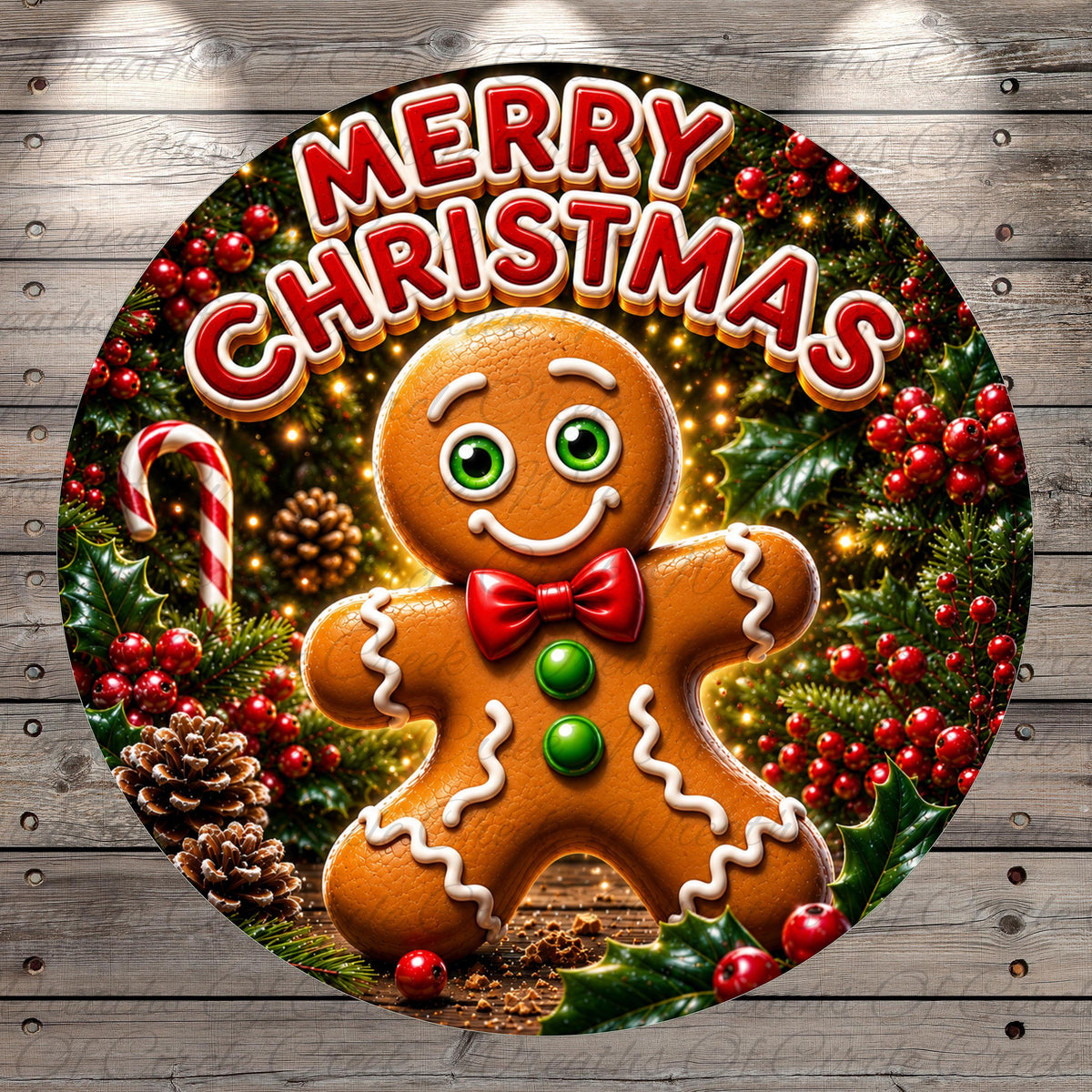 A gingerbread man surrounded by Christmas decorations, including berries, pine cones, and a candy cane, with the text "Merry Christmas" displayed prominently.
