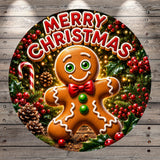 A gingerbread man surrounded by Christmas decorations, including berries, pine cones, and a candy cane, with the text "Merry Christmas" displayed prominently.
