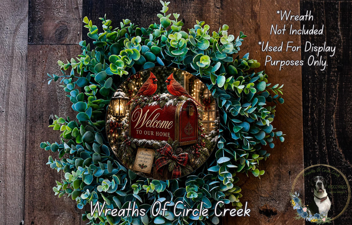 a wreath with a "Welcome to our home" sign, surrounded by greenery and a bird. The wreath is displayed on a wooden wall, and there is a small dog in the bottom right corner.