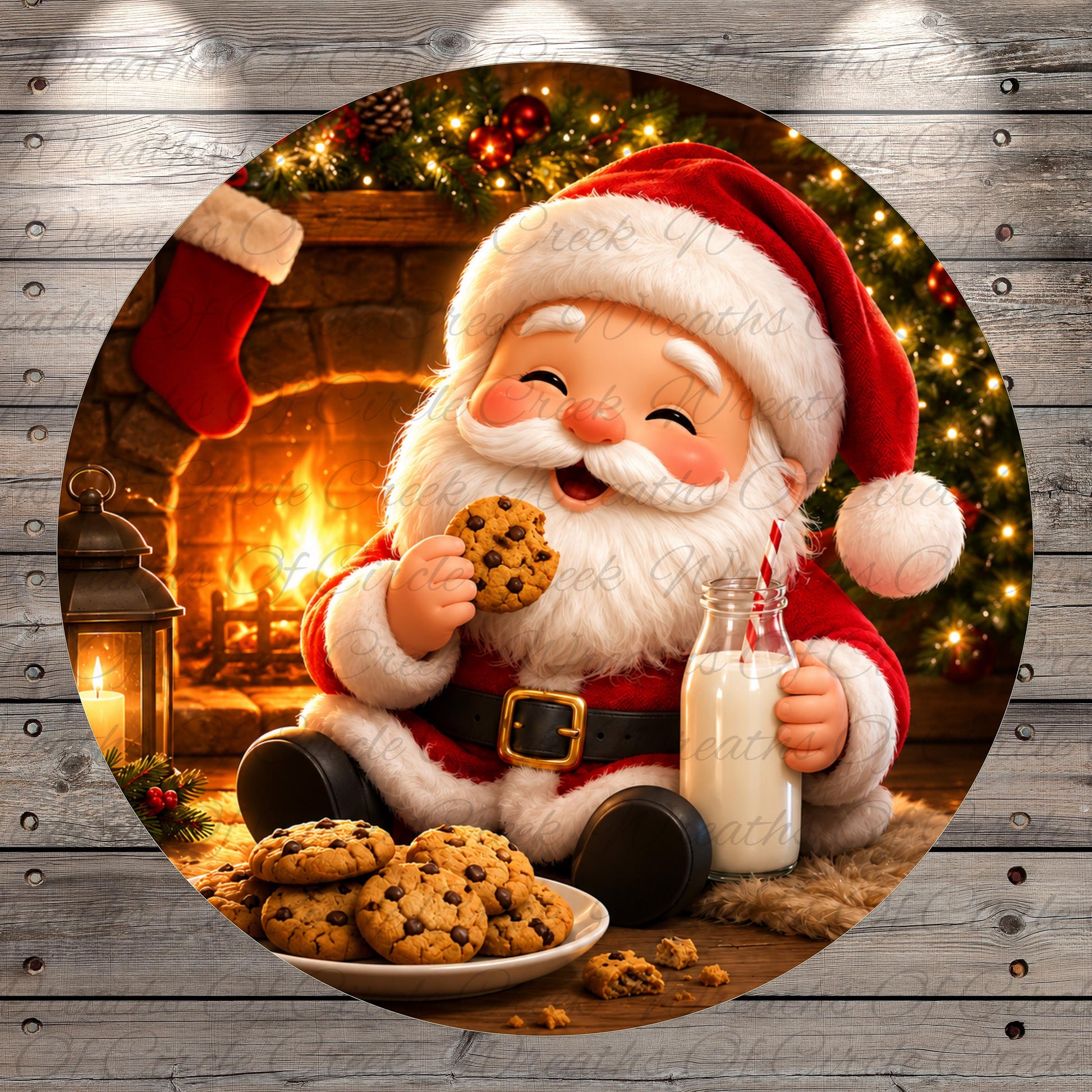 A cheerful Santa Claus sitting in front of a fireplace, holding a cookie and a glass of milk, with a plate of cookies and a lit lantern nearby.