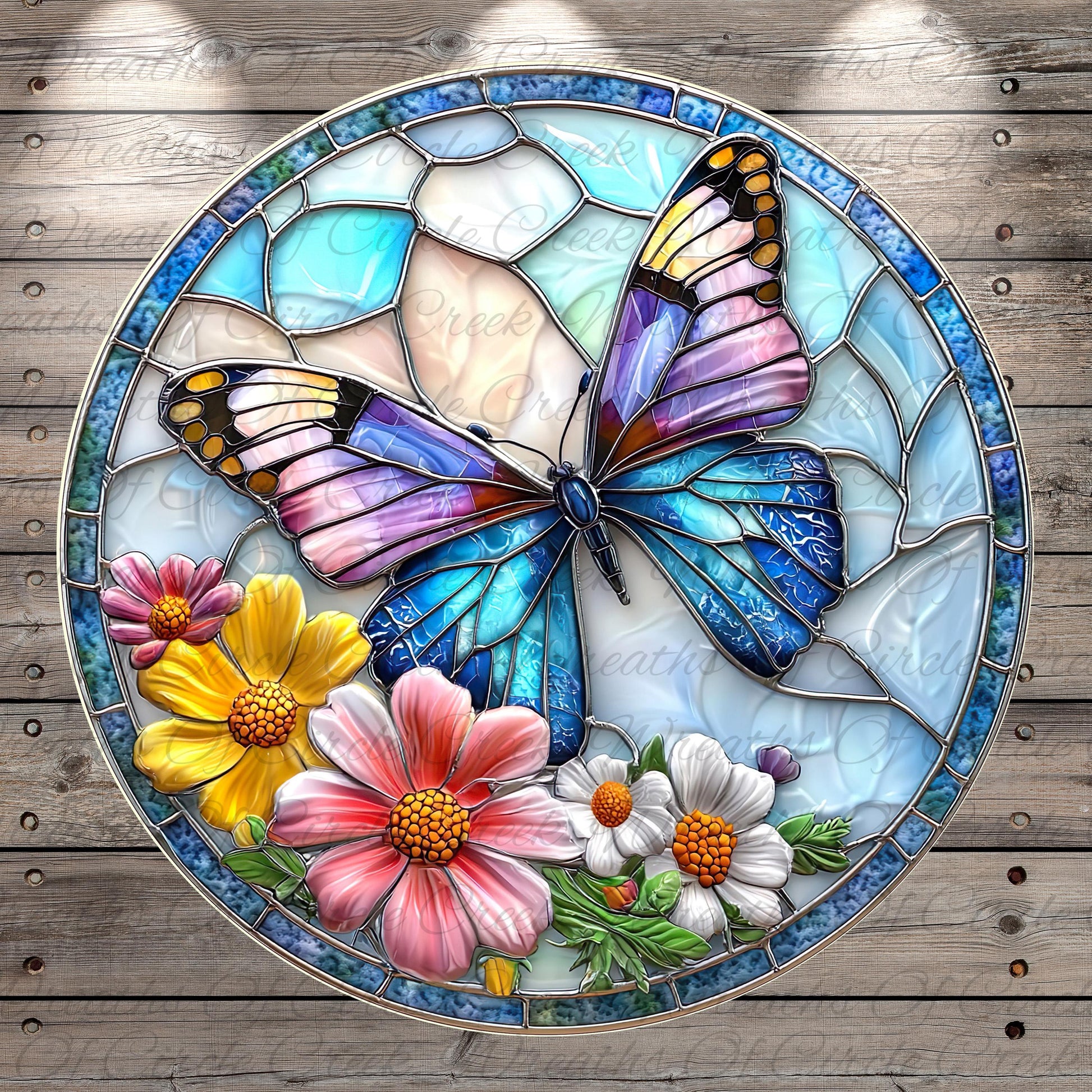 A colorful stained glass butterfly is displayed on a circular glass piece, surrounded by various flowers.