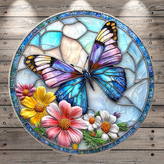 A colorful stained glass butterfly is displayed on a circular glass piece, surrounded by various flowers.