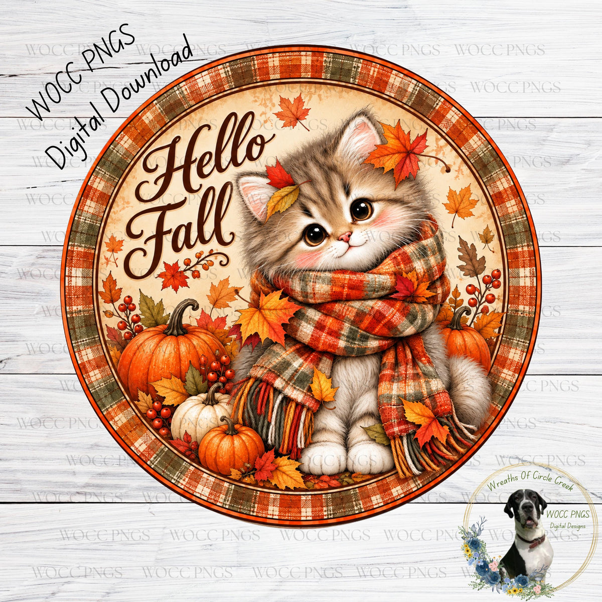 A digital illustration of a cute kitten wearing a plaid scarf and surrounded by autumn leaves, pumpkins, and a "Hello Fall" banner.