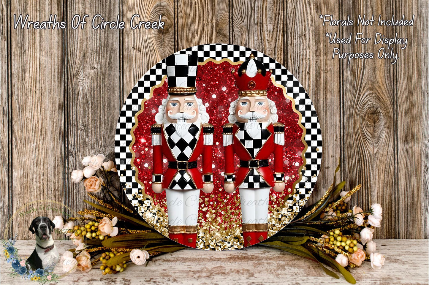 two nutcracker figures, one wearing a red and white outfit and the other in a black and white outfit, standing on a red and gold background with a checkered pattern. The nutcracker figures are surrounded by a wreath and flowers, creating a festive and decorative arrangement.