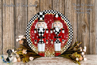 two nutcracker figures, one wearing a red and white outfit and the other in a black and white outfit, standing on a red and gold background with a checkered pattern. The nutcracker figures are surrounded by a wreath and flowers, creating a festive and decorative arrangement.