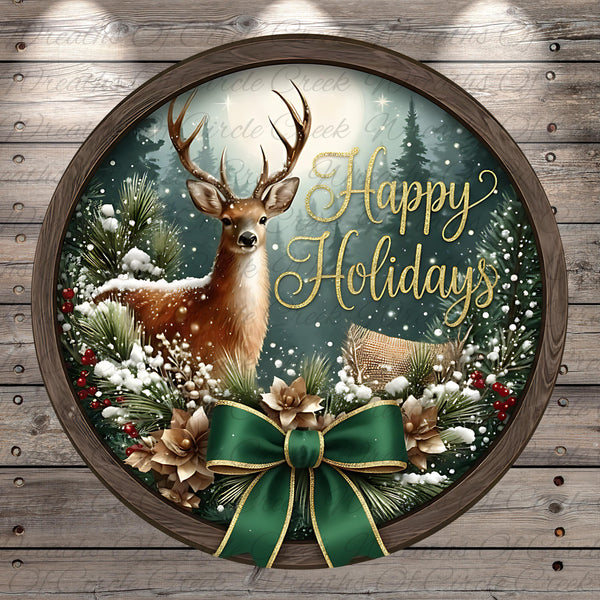 A deer with antlers is surrounded by a wreath of pine branches, berries, and snowflakes, with the text "Happy Holidays" displayed prominently.