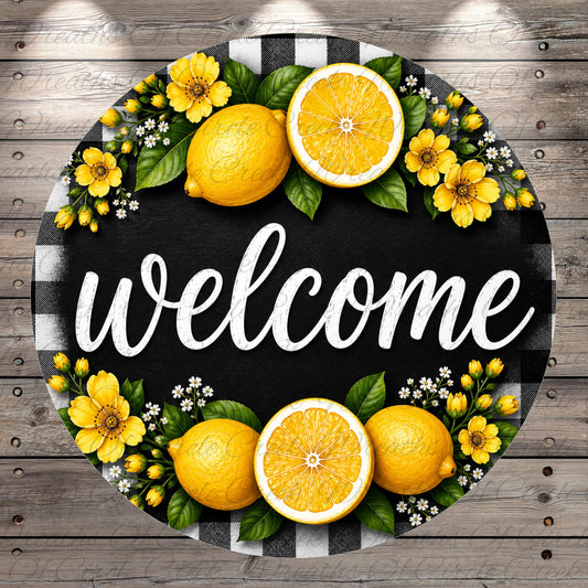 A round sign with the word "welcome" written on it, surrounded by various fruits and flowers.