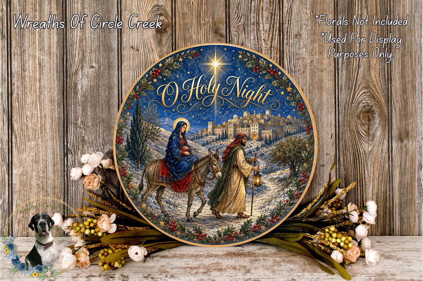 A decorative plate featuring a nativity scene with a woman on a horse and a man on a donkey, surrounded by flowers and greenery.