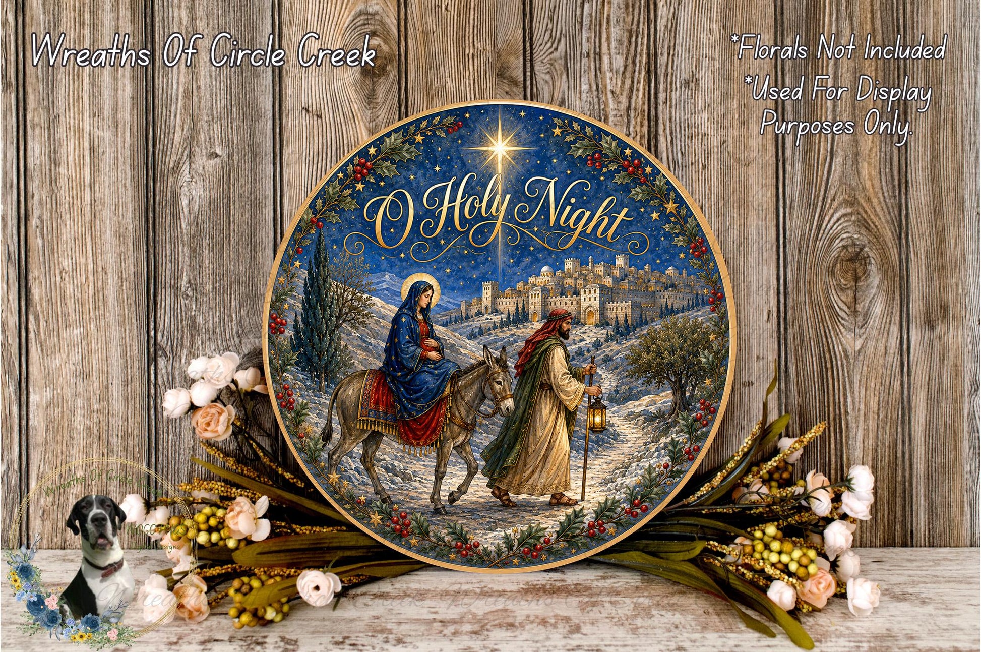 A decorative plate featuring a nativity scene with a woman on a horse and a man on a donkey, surrounded by flowers and greenery.
