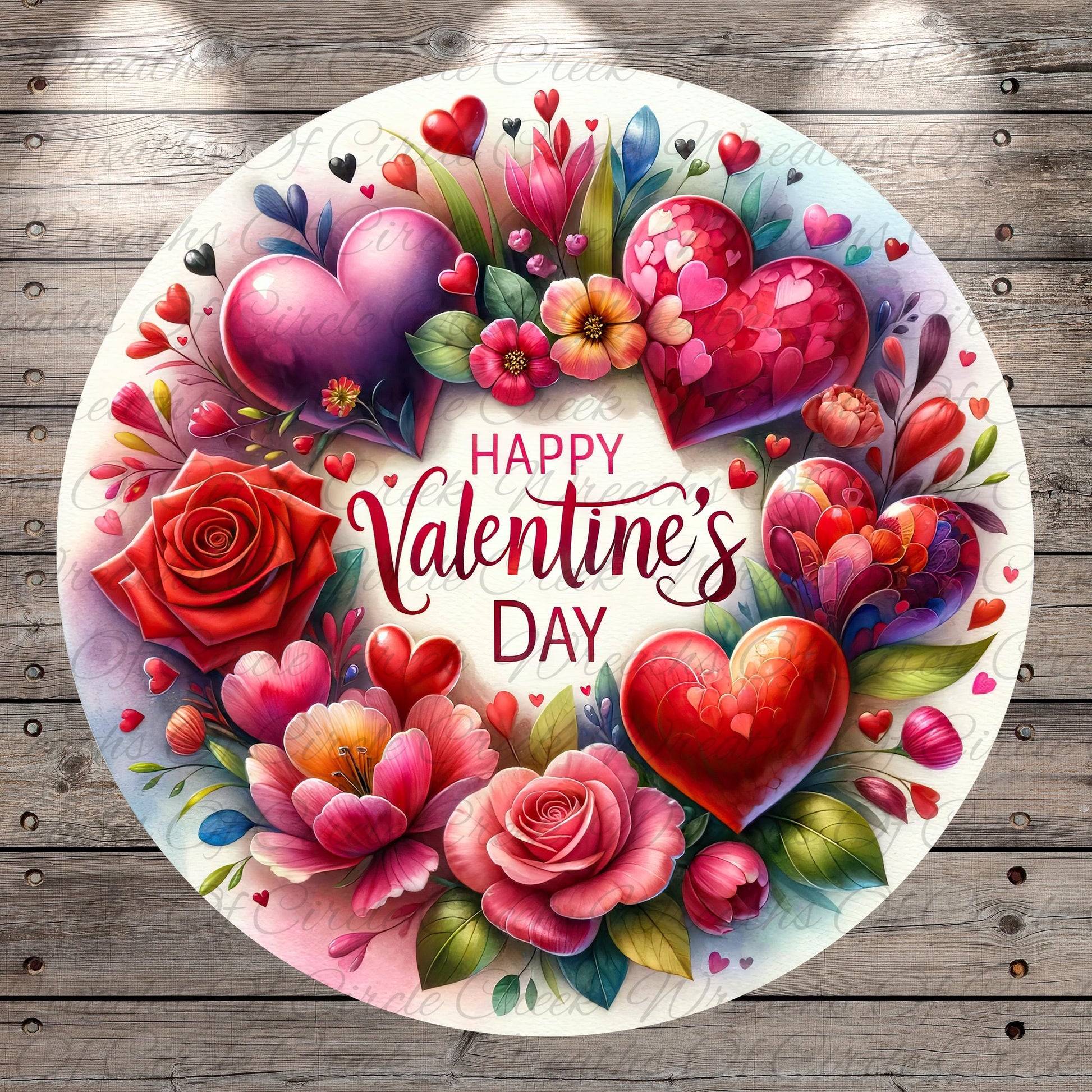 The image is a vibrant and colorful illustration of a round wreath, adorned with various flowers, hearts, and the text "Happy Valentine's Day".