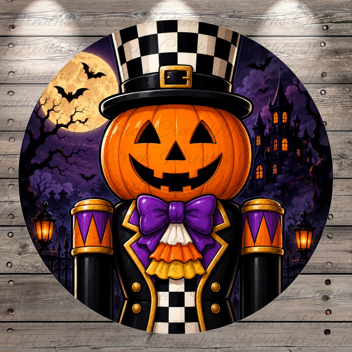 A Halloween-themed illustration featuring a jack-o-lantern wearing a top hat and a bow tie, with a castle and bats in the background.