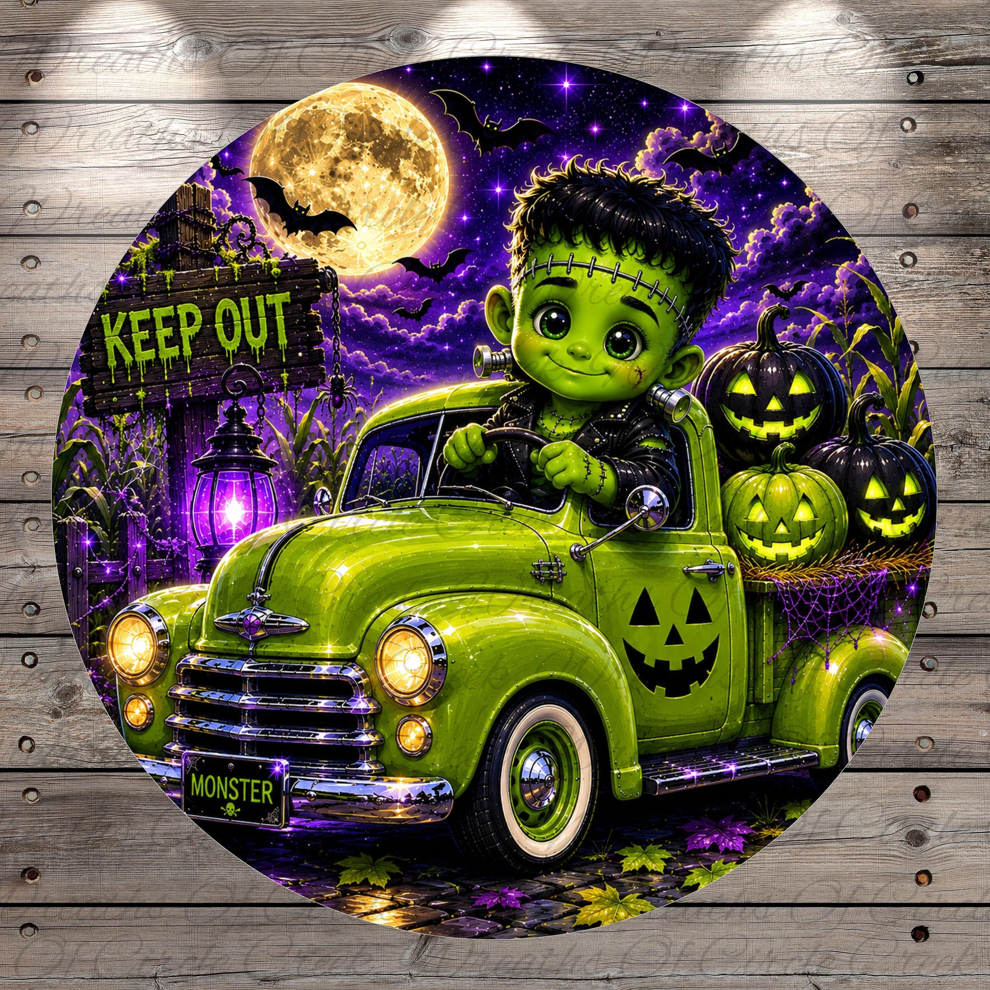 A green vintage truck with a carved jack-o-lantern on the back, driving down a road with a full moon and bats in the background. The truck is labeled "MONSTER" and there is a "KEEP OUT" sign visible.