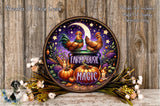a decorative plate with a farmhouse theme, surrounded by autumnal elements such as pumpkins, flowers, and a rooster. The plate has the text "FARMHOUSE MAGIC" and is placed on a wooden surface.