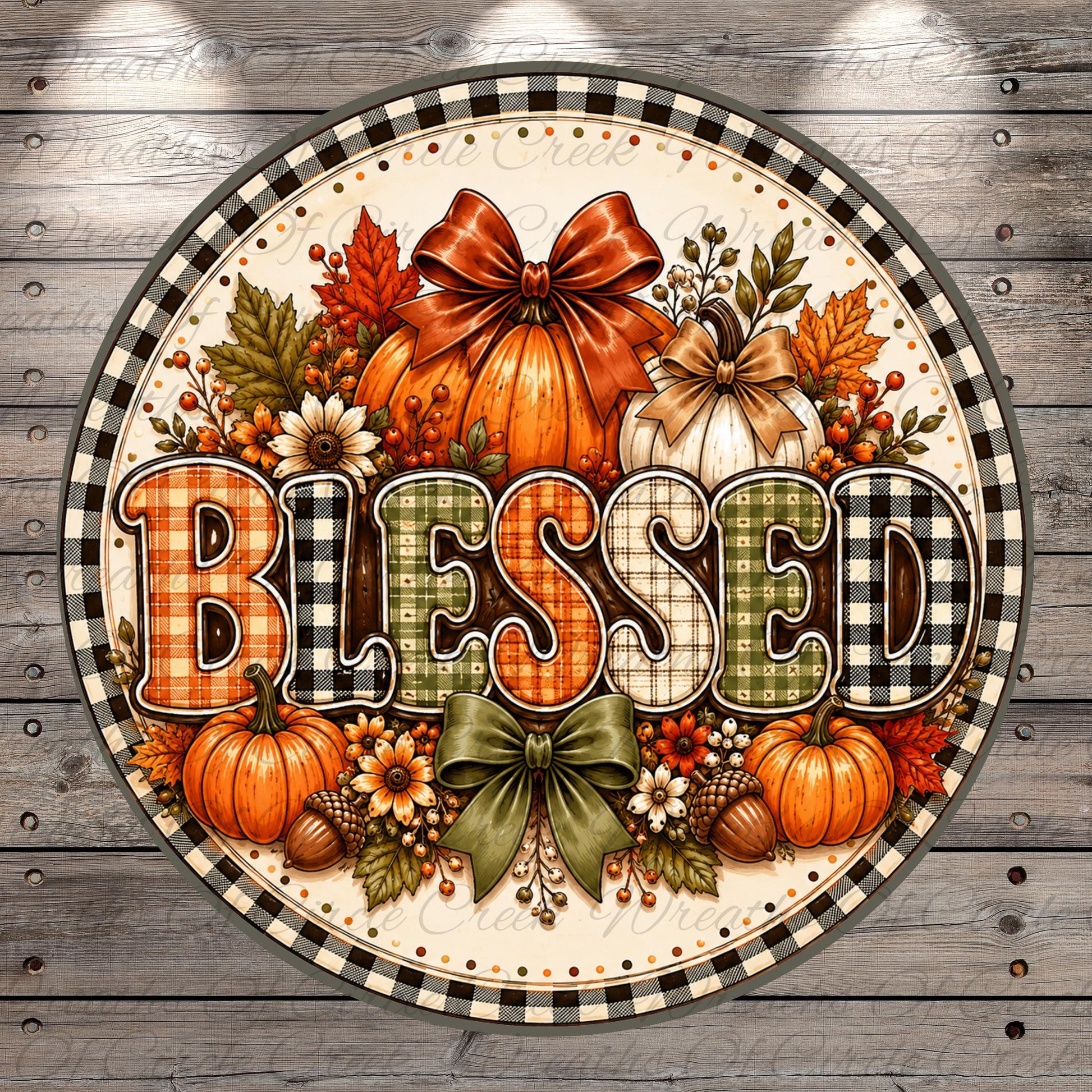 A decorative sign with the word "Blessed" written on it, surrounded by various fall-themed elements such as pumpkins, leaves, and a bow.