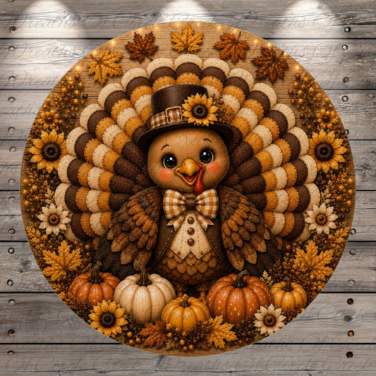 A decorative Thanksgiving-themed image featuring a turkey surrounded by autumn leaves, pumpkins, and sunflowers.