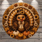 A decorative Thanksgiving-themed image featuring a turkey surrounded by autumn leaves, pumpkins, and sunflowers.