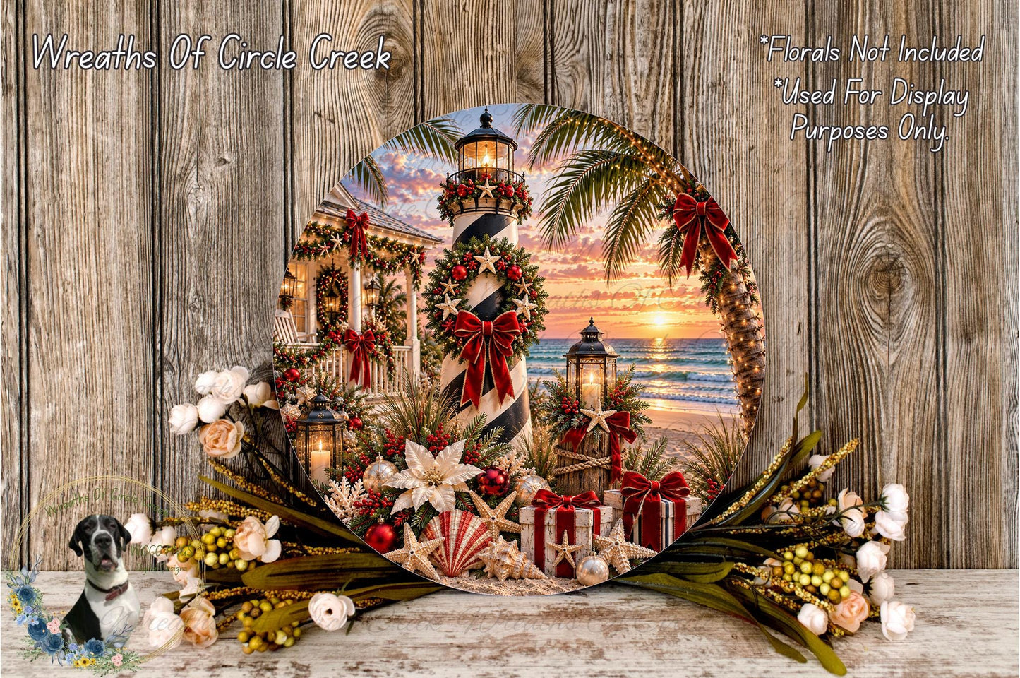 A decorative wreath with a lighthouse and beach scene, featuring red and white ribbons, flowers, and other holiday-themed elements.