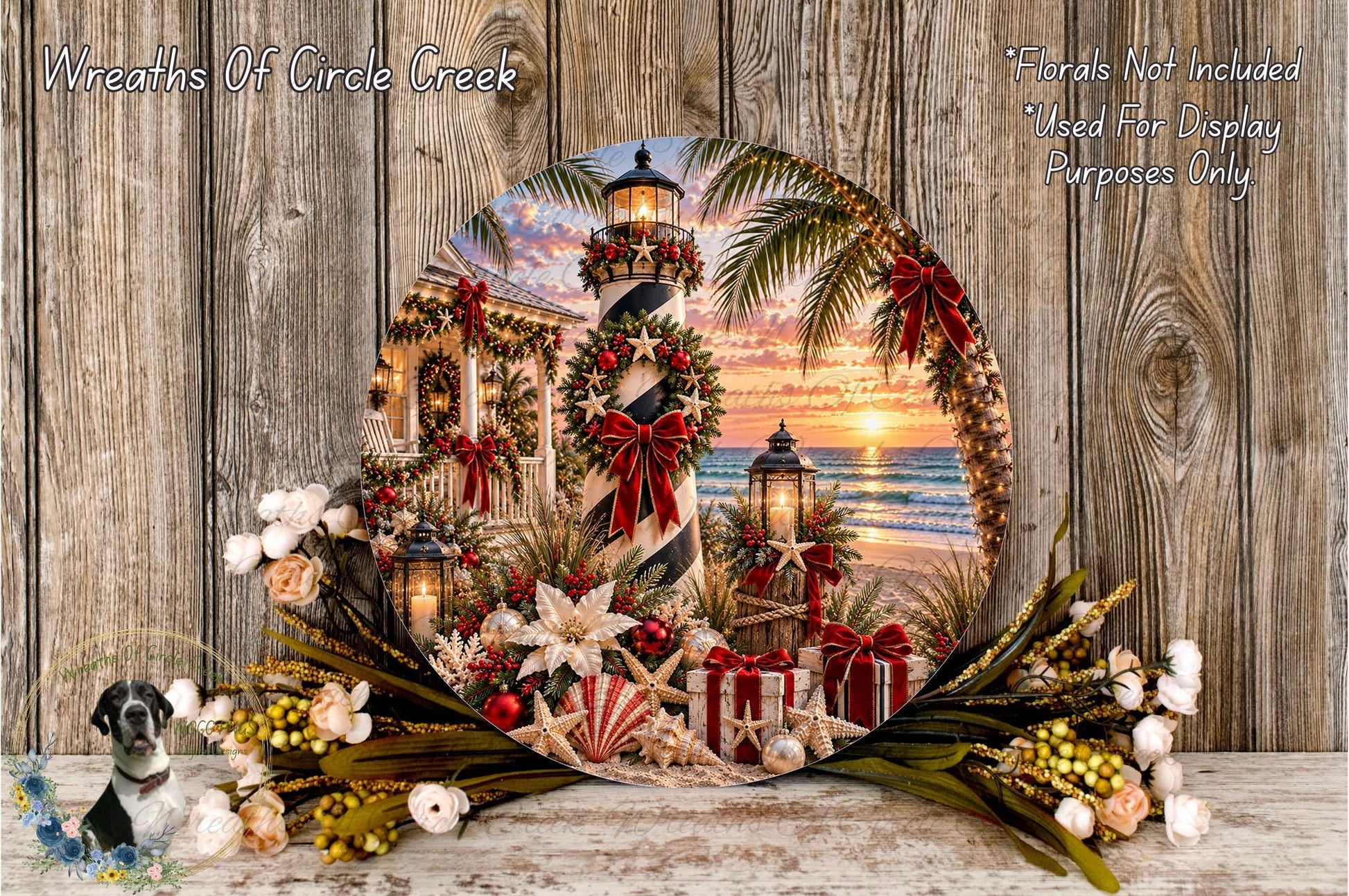 A decorative wreath with a lighthouse and beach scene, featuring red and white ribbons, flowers, and other holiday-themed elements.