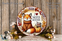 A decorative plate featuring a smiling fox wearing a sweater and surrounded by autumn-themed elements such as pumpkins, leaves, and flowers.