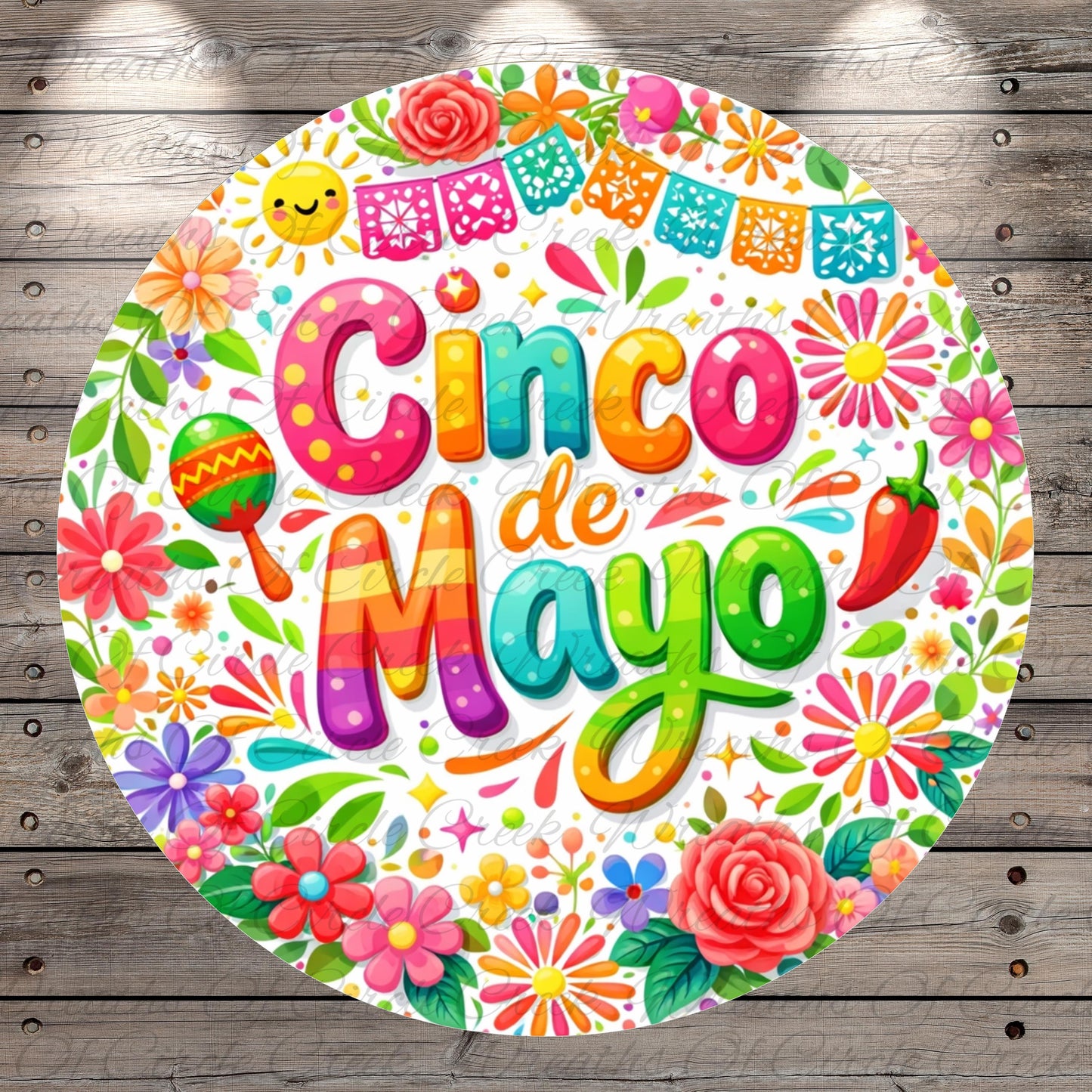 The image is a vibrant and colorful illustration featuring the text "Cinco de Mayo" surrounded by various festive elements such as flowers, banners, and a mariachi band.