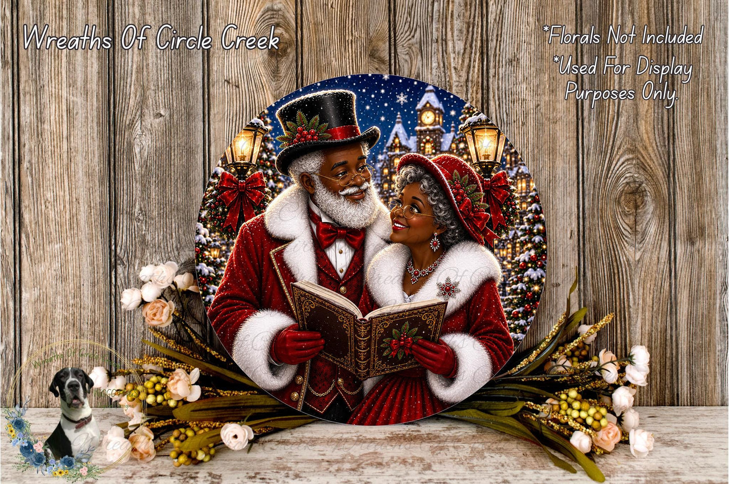 A festive holiday scene featuring a couple dressed in traditional red and white attire, with the man reading a book to the woman. The scene is surrounded by holiday decorations, including flowers and a wreath.