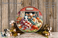 a decorative plate with a cow and a pig, surrounded by autumn-themed elements such as pumpkins, leaves, and flowers, all set against a rustic wooden background.