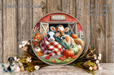 a decorative plate with a cow and a pig, surrounded by autumn-themed elements such as pumpkins, leaves, and flowers, all set against a rustic wooden background.
