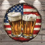 Two glasses of beer with foamy tops are set against the backdrop of the American flag, creating a patriotic and celebratory scene.