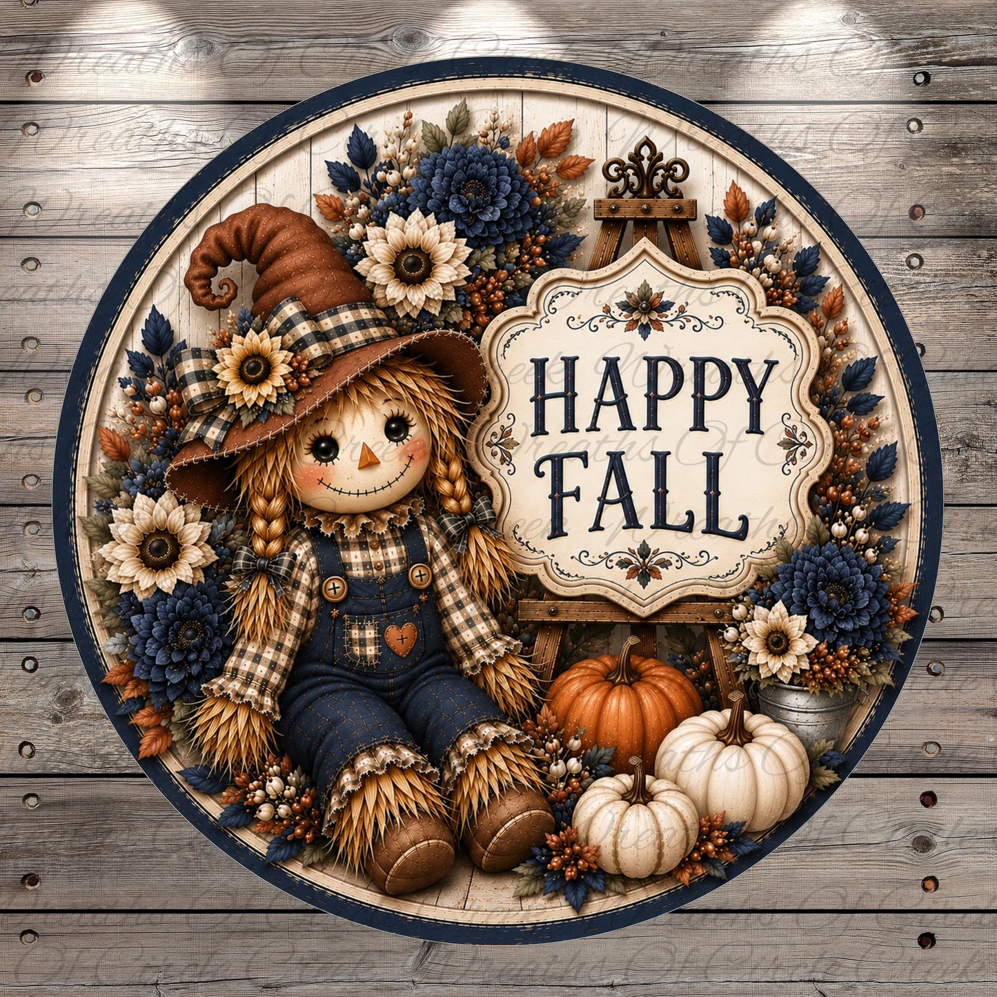 A decorative wreath with a scarecrow figure, pumpkins, and flowers, along with a sign that says "Happy Fall".