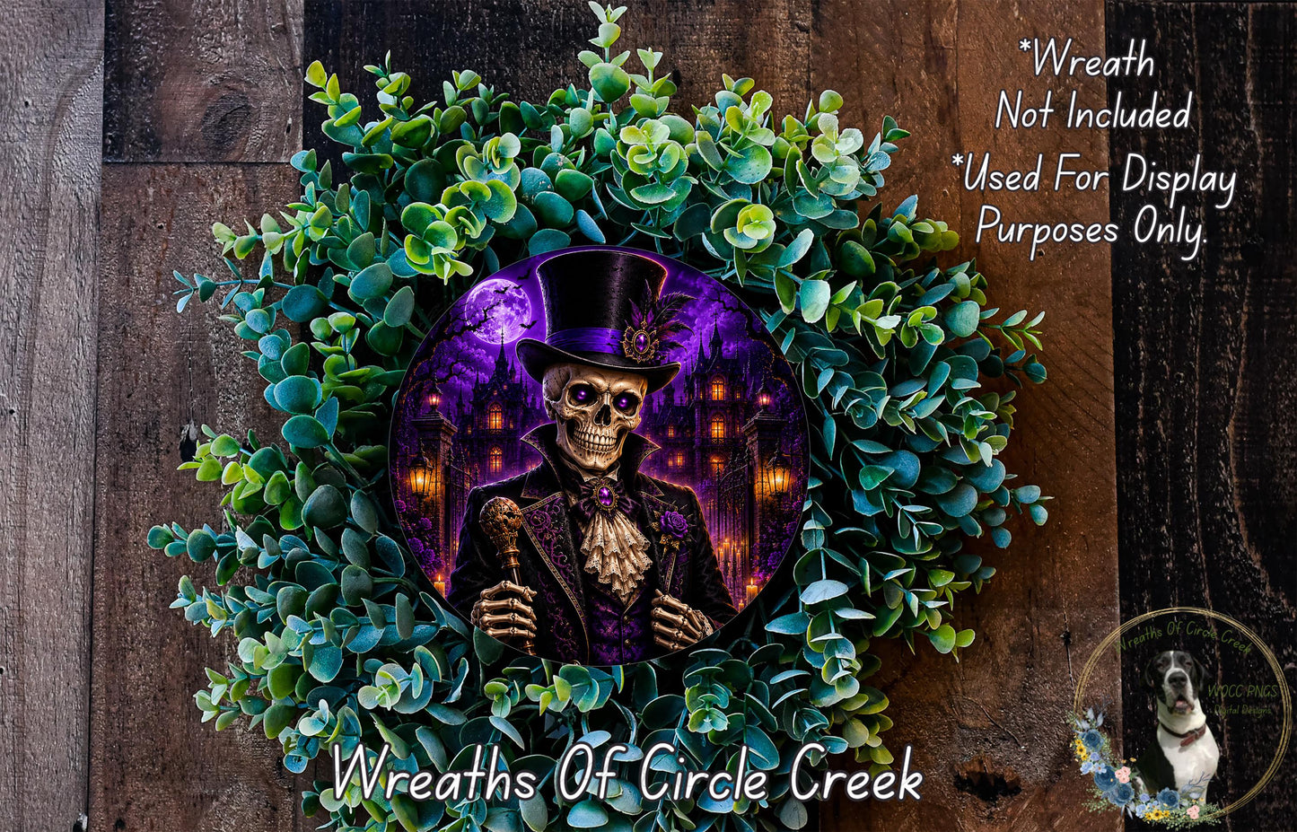 A wreath featuring a skeleton wearing a top hat and holding a cane, surrounded by green foliage and purple flowers.