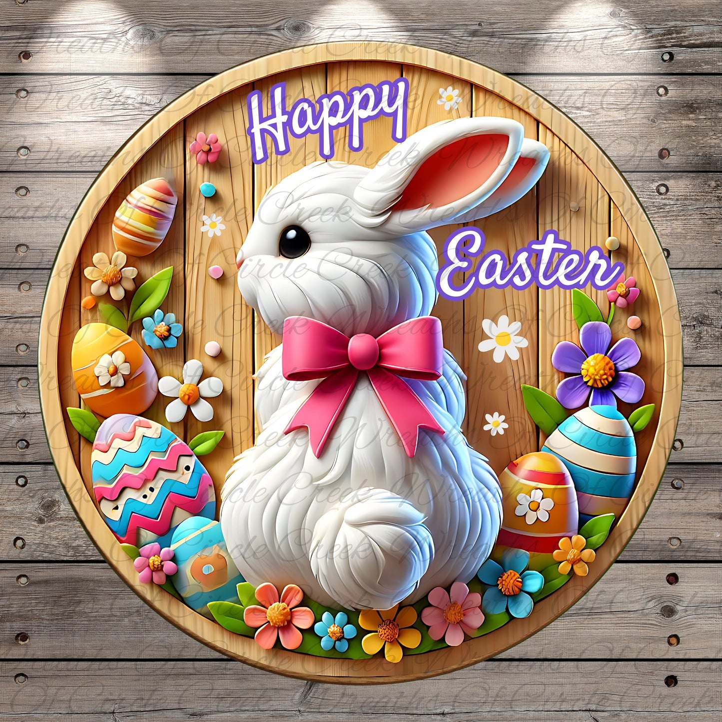 A wooden plaque with a white bunny wearing a pink bow, surrounded by colorful Easter eggs, flowers, and the text "Happy Easter".