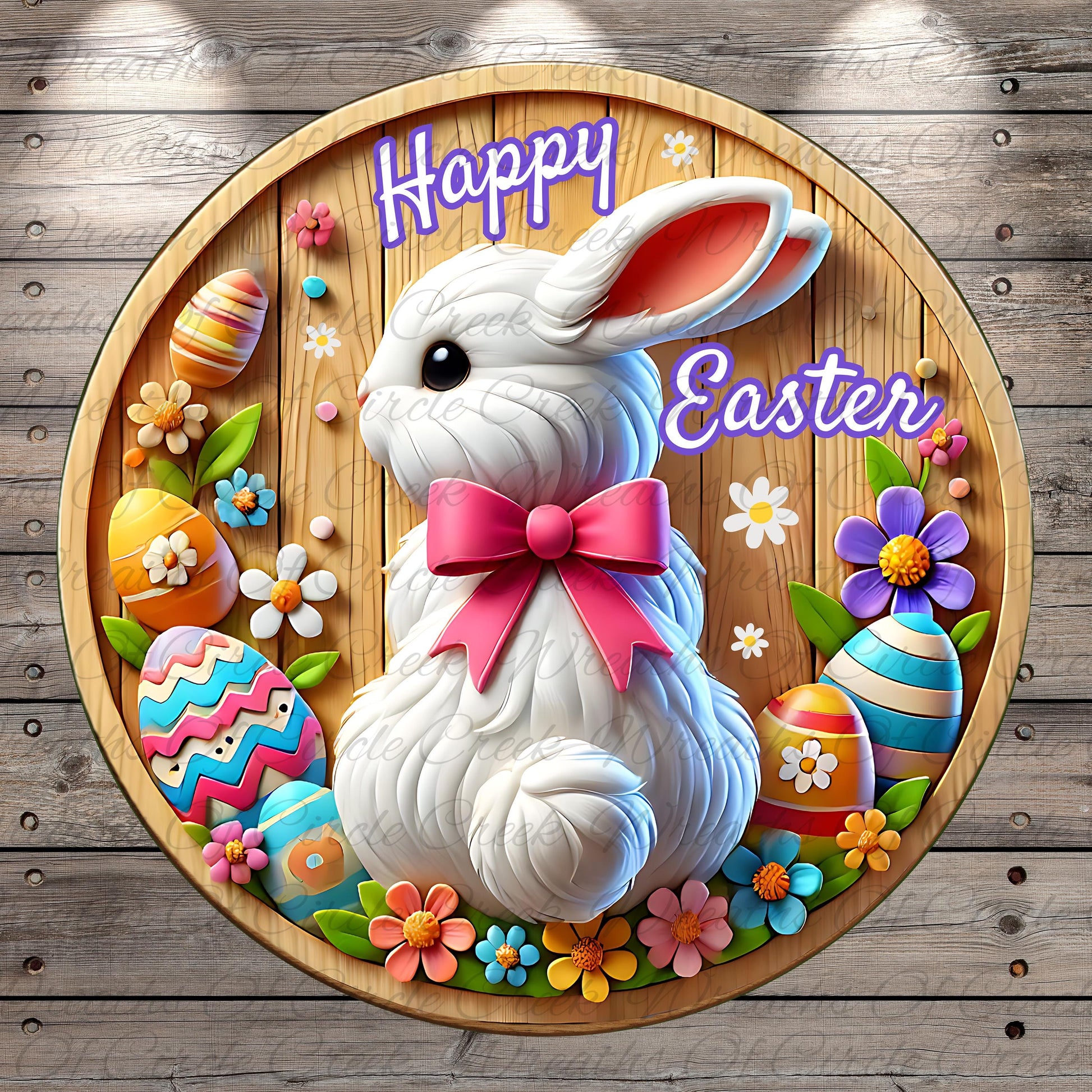 A wooden plaque with a white bunny wearing a pink bow, surrounded by colorful Easter eggs, flowers, and the text "Happy Easter".