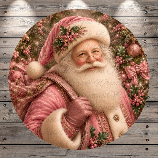 A vintage-style image of Santa Claus wearing a pink suit and hat, surrounded by Christmas decorations such as berries, holly, and ornaments.