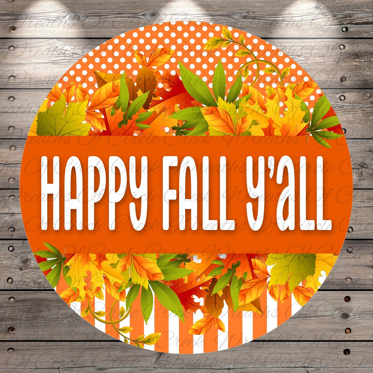 The image is a circular graphic with a vibrant autumn theme, featuring a variety of colorful leaves and the text "HAPPY FALL Y'ALL" prominently displayed.