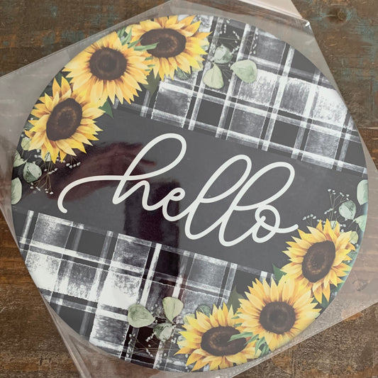 BLEMISHED Sign, Hello, Plaid, Sunflowers, 10" UV Metal Round Sign, No Holes